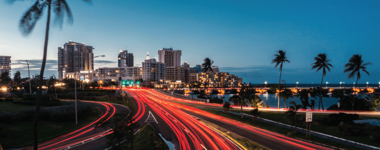Traffic entering the capital of Puerto Rico, San Juan at night.