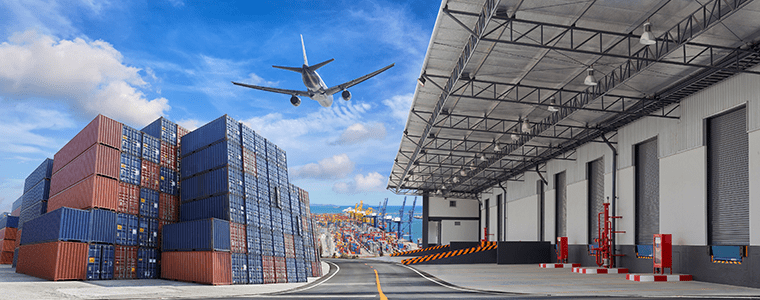 Warehouse, airplane and containers at a port